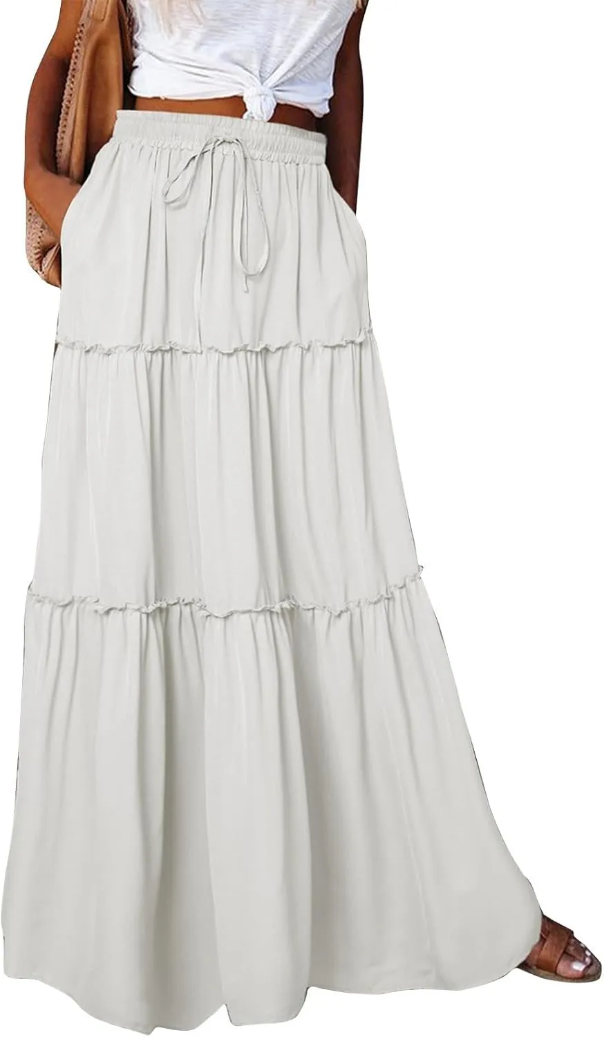 Skirts for Women Summer Flowy Tiered Elastic High Waisted Skirt Vacation Swing Long Solid Maxi Skirts