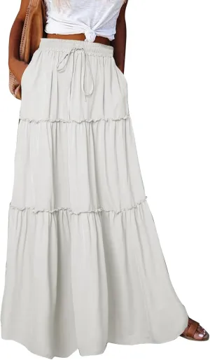 Skirts for Women Summer Flowy Tiered Elastic High Waisted Skirt Vacation Swing Long Solid Maxi Skirts