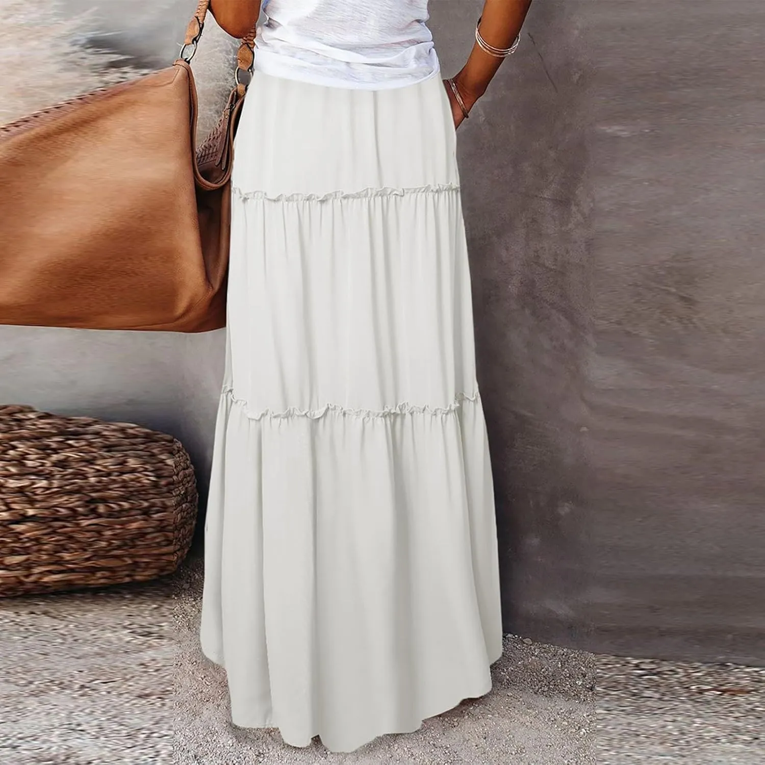 Skirts for Women Summer Flowy Tiered Elastic High Waisted Skirt Vacation Swing Long Solid Maxi Skirts