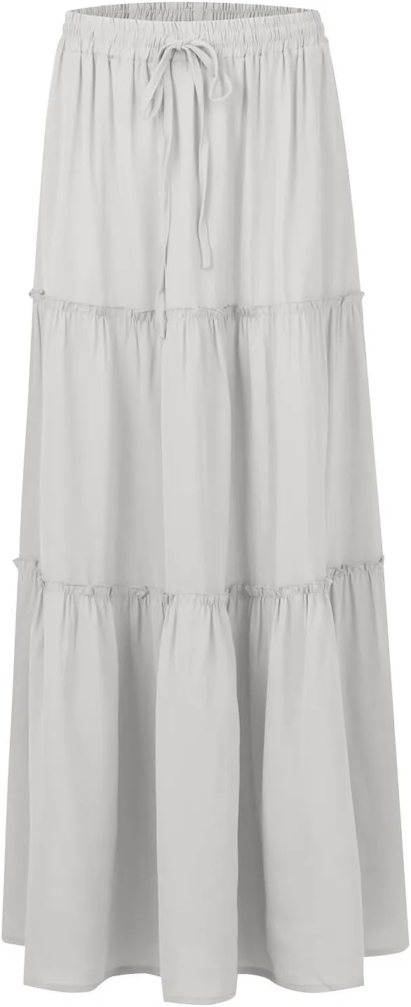 Skirts for Women Summer Flowy Tiered Elastic High Waisted Skirt Vacation Swing Long Solid Maxi Skirts