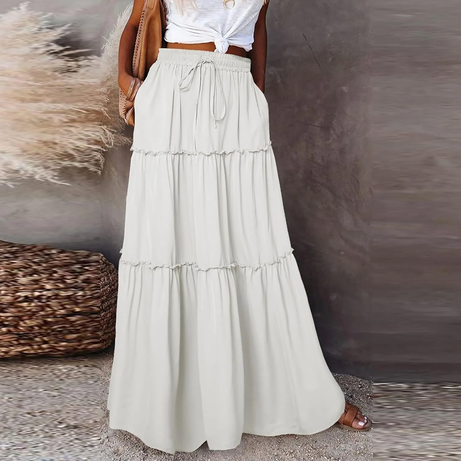 Skirts for Women Summer Flowy Tiered Elastic High Waisted Skirt Vacation Swing Long Solid Maxi Skirts