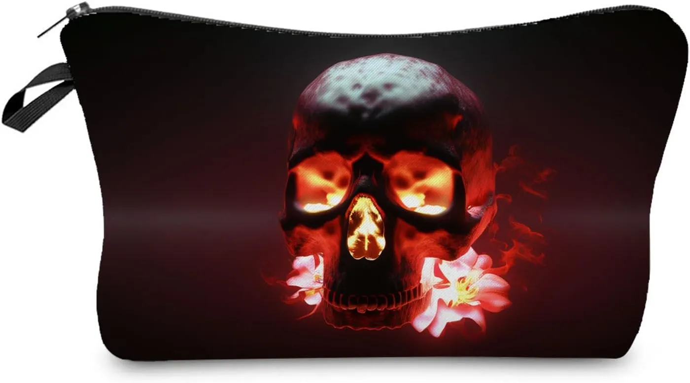 Skull Gift Fire Skull Makeup Bag Cute Small Makeup Organizer Bag Travel Toiletry Zipper Pouch Girls Gothic Skull Skeleton Gifts for Sisters Fire Skull Makeup Bag Gift for Women