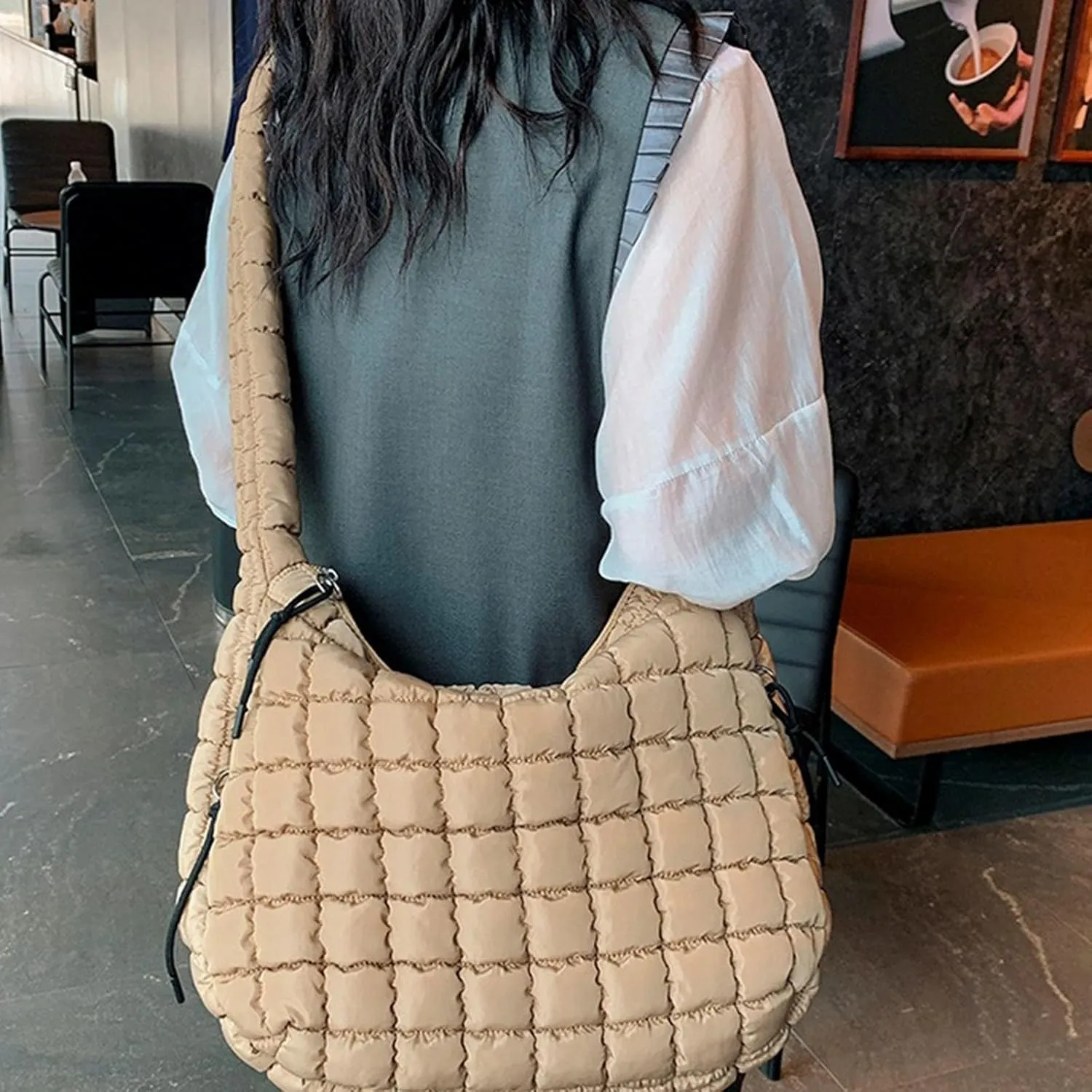 Sling Bag For Women Large Quilted Carryall Puffer Shoulder Bag Lightweight Quilted Padding Hobo Bag Quilted Bag A