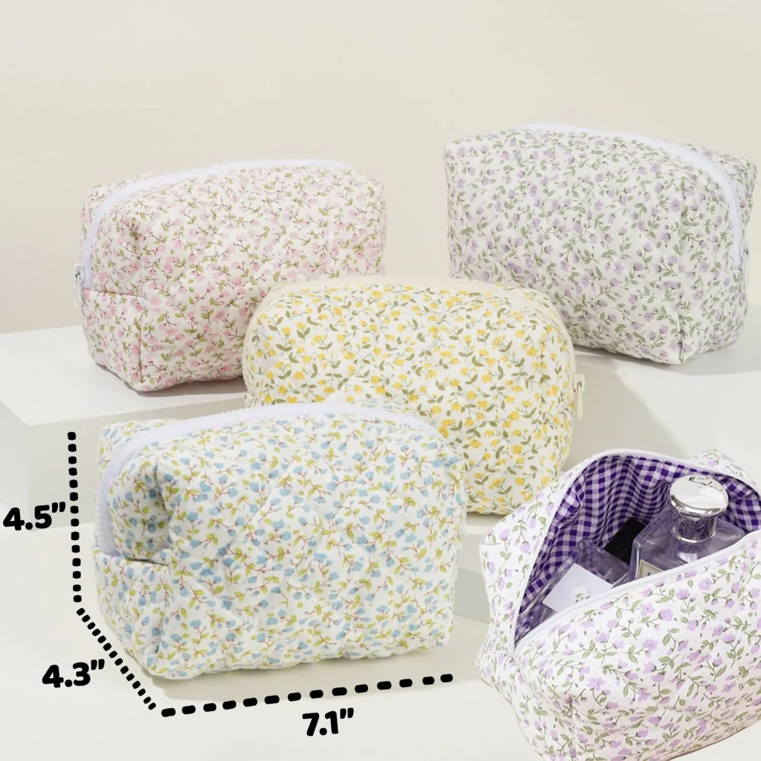 Small Quilted Cotton Makeup bag, Cute Floral Cosmetic bag, Cotton Aesthetic Makeup Pouch, Large Capacity Travel Toiletry Bag for Women and Girls (Pink)