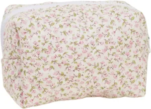 Small Quilted Cotton Makeup bag, Cute Floral Cosmetic bag, Cotton Aesthetic Makeup Pouch, Large Capacity Travel Toiletry Bag for Women and Girls (Pink)