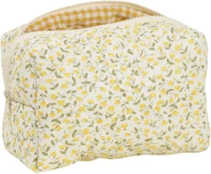 Small Quilted Cotton Makeup bag, Cute Floral Cosmetic bag, Cotton Aesthetic Makeup Pouch, Large Capacity Travel Toiletry Bag for Women and Girls (Yellow)