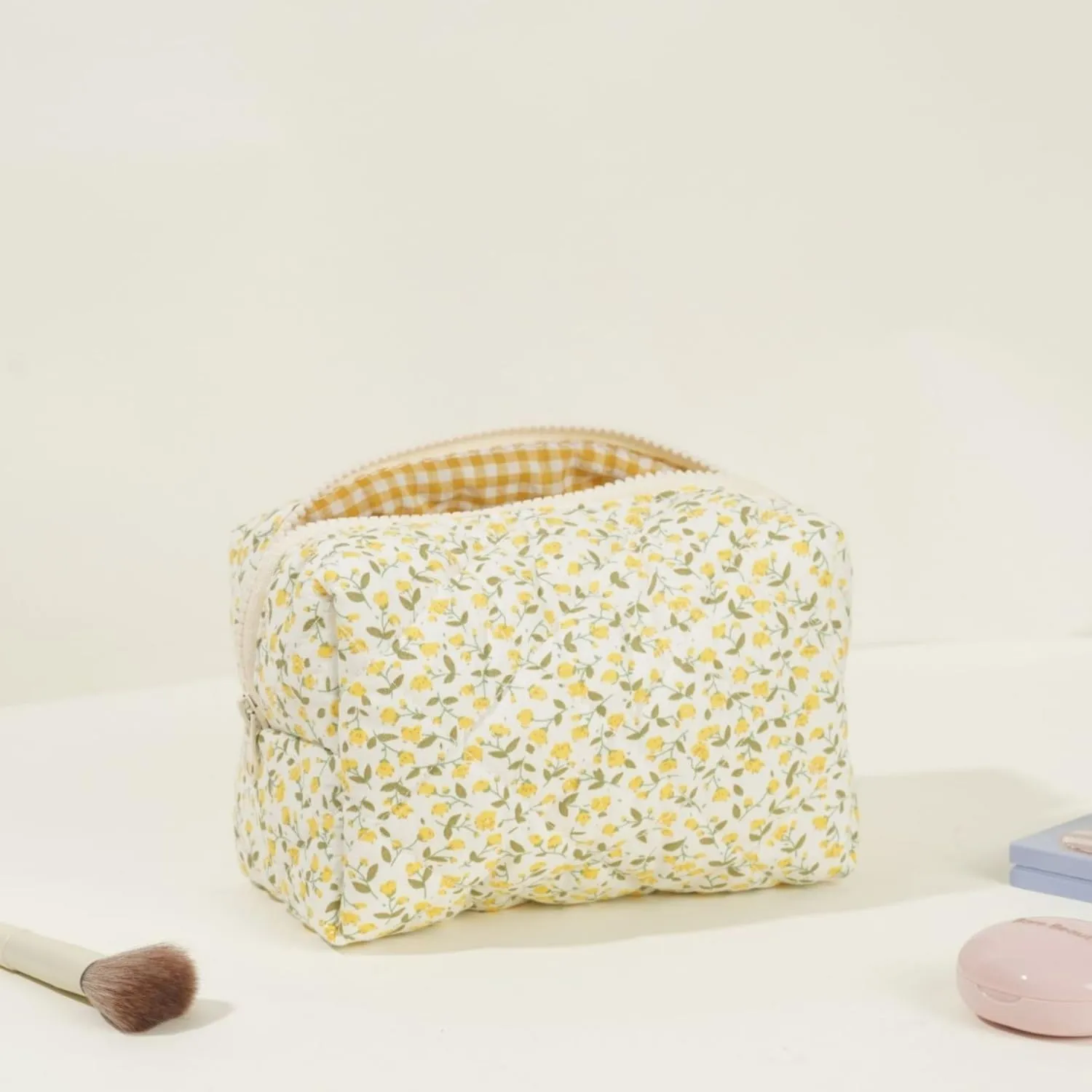 Small Quilted Cotton Makeup bag, Cute Floral Cosmetic bag, Cotton Aesthetic Makeup Pouch, Large Capacity Travel Toiletry Bag for Women and Girls (Yellow)