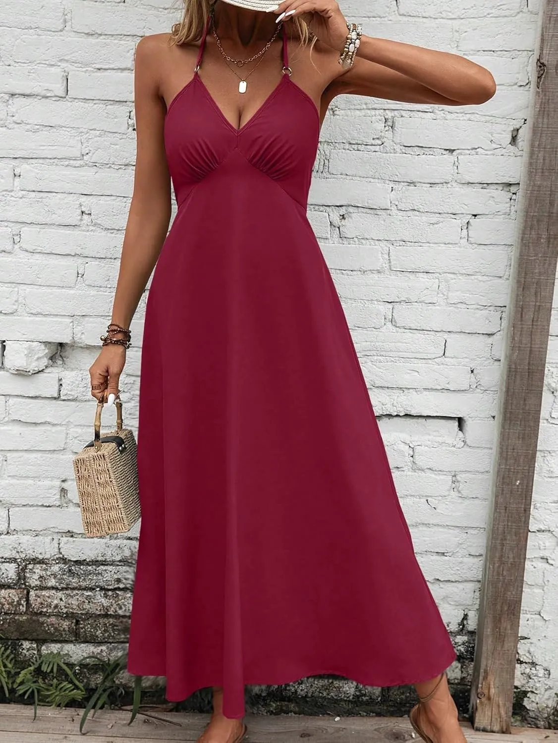SOLY HUX Women's Halter V Neck Tie Backless Cami Dress Sleeveless Long Dresses