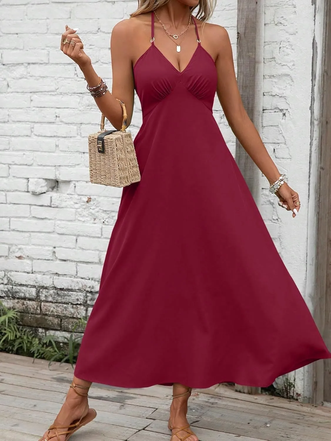 SOLY HUX Women's Halter V Neck Tie Backless Cami Dress Sleeveless Long Dresses