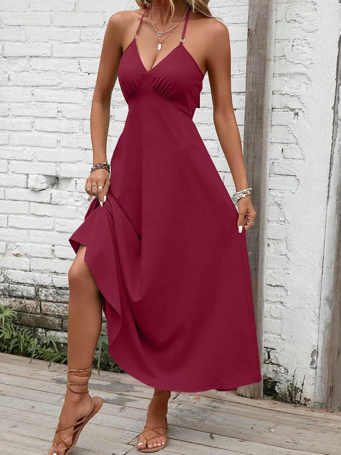 SOLY HUX Women's Halter V Neck Tie Backless Cami Dress Sleeveless Long Dresses