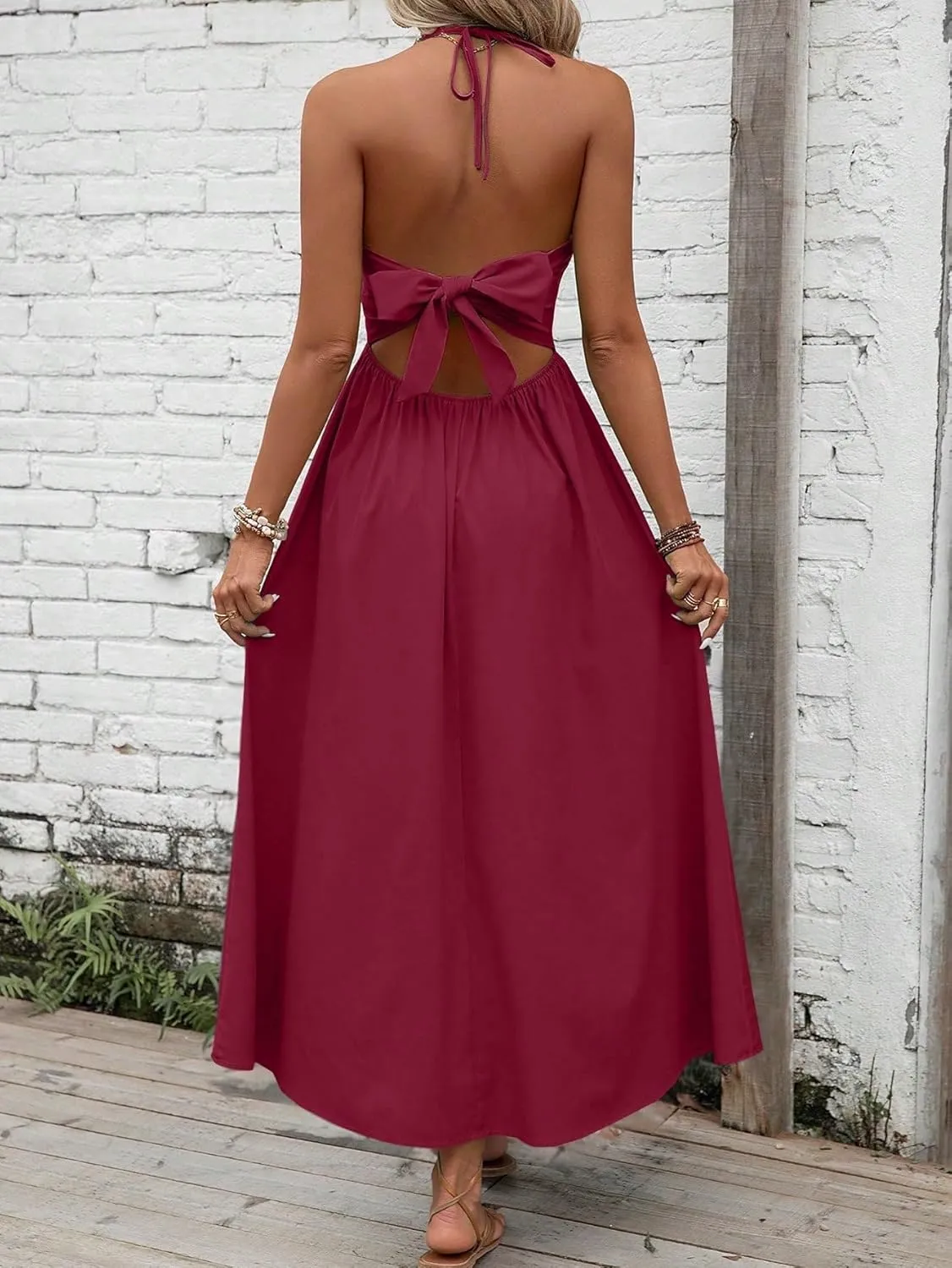 SOLY HUX Women's Halter V Neck Tie Backless Cami Dress Sleeveless Long Dresses