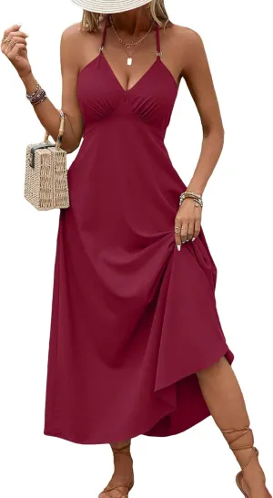 SOLY HUX Women's Halter V Neck Tie Backless Cami Dress Sleeveless Long Dresses