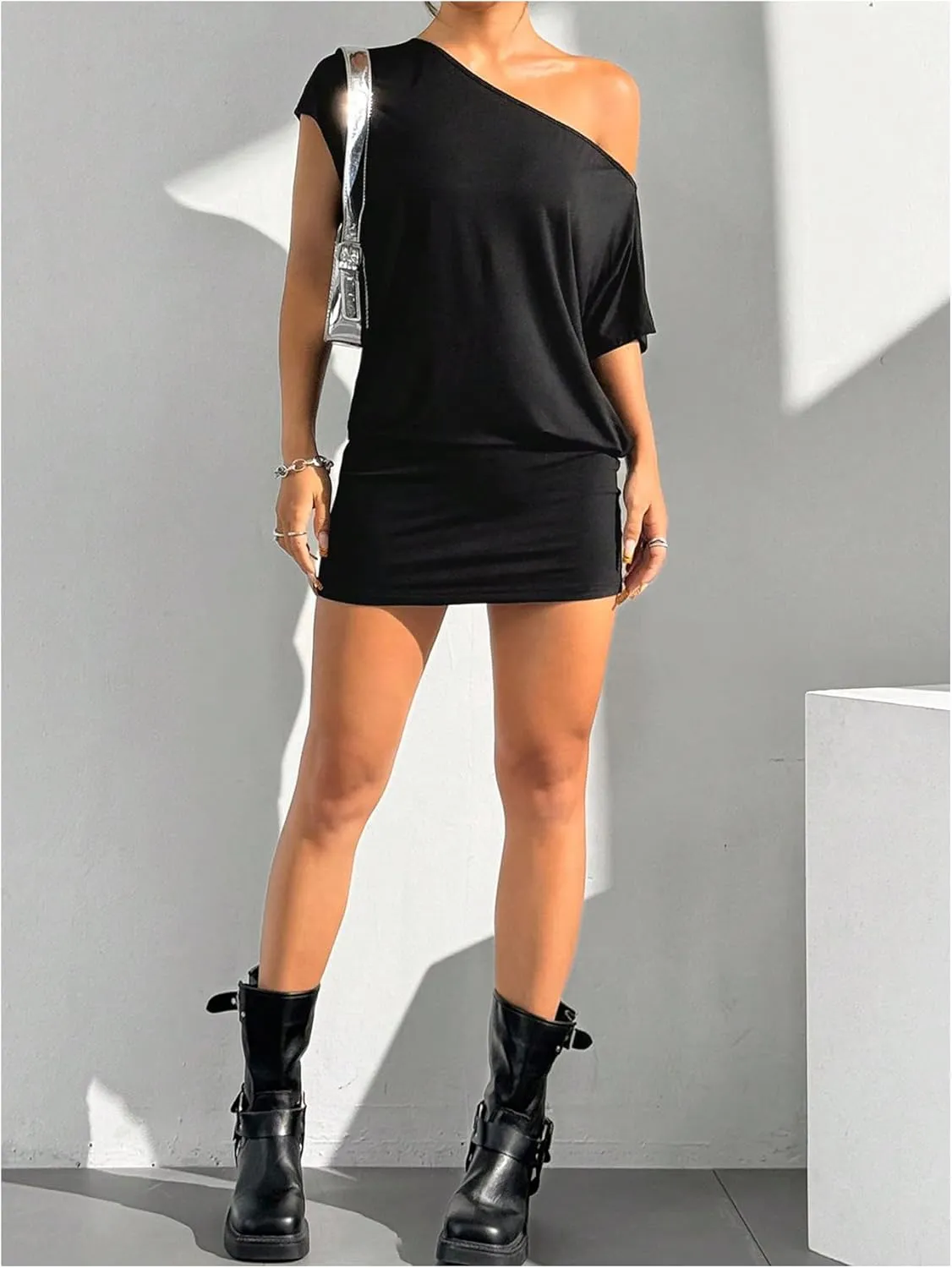 SOLY HUX Women's Off The Shoulder Mini Dress Asymmetrical Neck Short Sleeve Casual Bodycon T Shirt Dresses