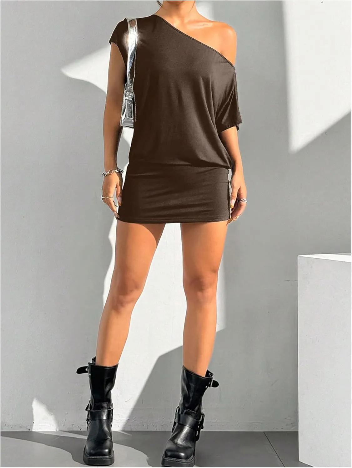 SOLY HUX Women's Off The Shoulder Mini Dress Asymmetrical Neck Short Sleeve Casual Bodycon T Shirt Dresses