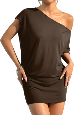 SOLY HUX Women's Off The Shoulder Mini Dress Asymmetrical Neck Short Sleeve Casual Bodycon T Shirt Dresses