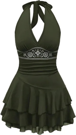 SOLY HUX Women's Summer Halter Backless Mini Dress Flowy Sleeveless V Neck Tie Back A Line Western Casual Sun Dresses