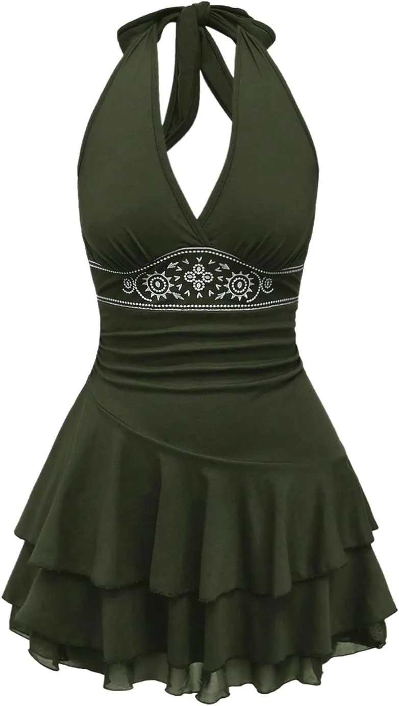 SOLY HUX Women's Summer Halter Backless Mini Dress Flowy Sleeveless V Neck Tie Back A Line Western Casual Sun Dresses