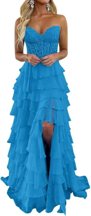 Strapless Lace Appliques Prom Dresses for Women Sweetheart A Line Long Tiered Chiffon Evening Party Gowns with Slit