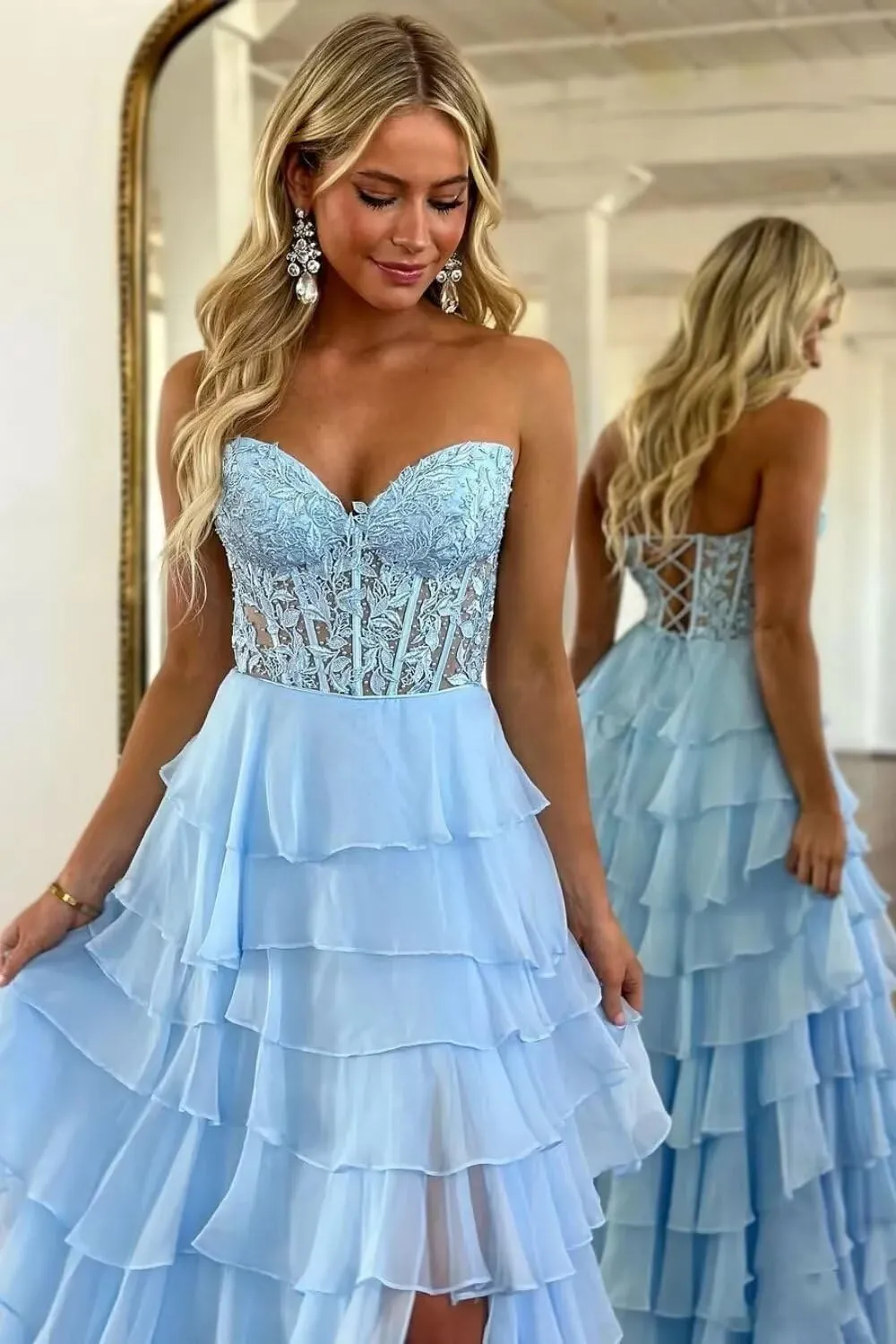 Strapless Lace Tiered Corset Prom Dresses 2025 for Women Long Ruffle Chiffon Formal Evening Gown with Slit