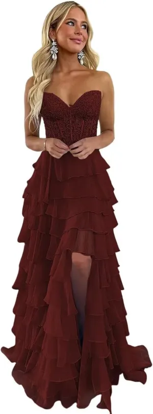 Strapless Lace Tiered Corset Prom Dresses 2025 for Women Long Ruffle Chiffon Formal Evening Gown with Slit