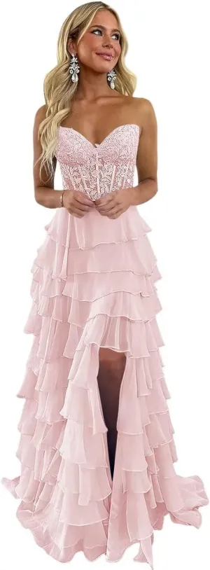 Strapless Lace Tiered Corset Prom Dresses 2025 for Women Long Ruffle Chiffon Formal Evening Gown with Slit