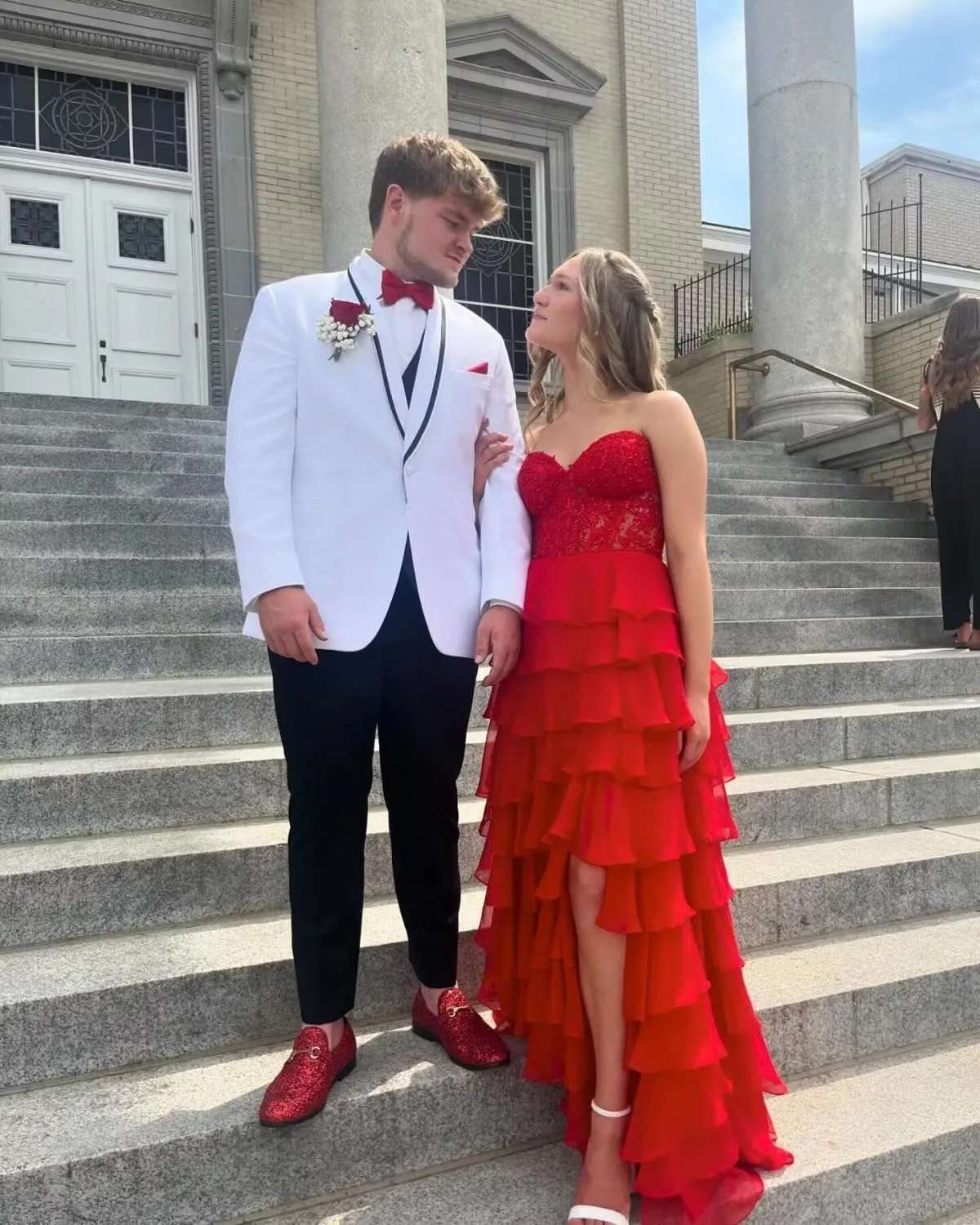 Strapless Lace Tiered Corset Prom Dresses 2025 for Women Long Ruffle Chiffon Formal Evening Gown with Slit