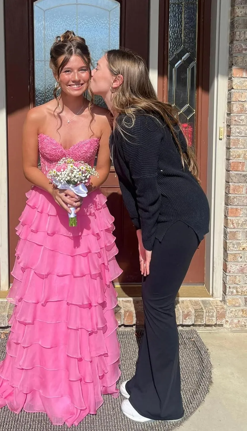 Strapless Lace Tiered Corset Prom Dresses 2025 for Women Long Ruffle Chiffon Formal Evening Gown with Slit