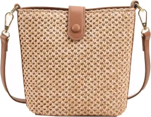 Straw Crossbody Bag, Straw Purses for Women 2024, Zippered Raffia Bag, Summer Straw Bucket Bag for Beach Holiday Travel, Brown