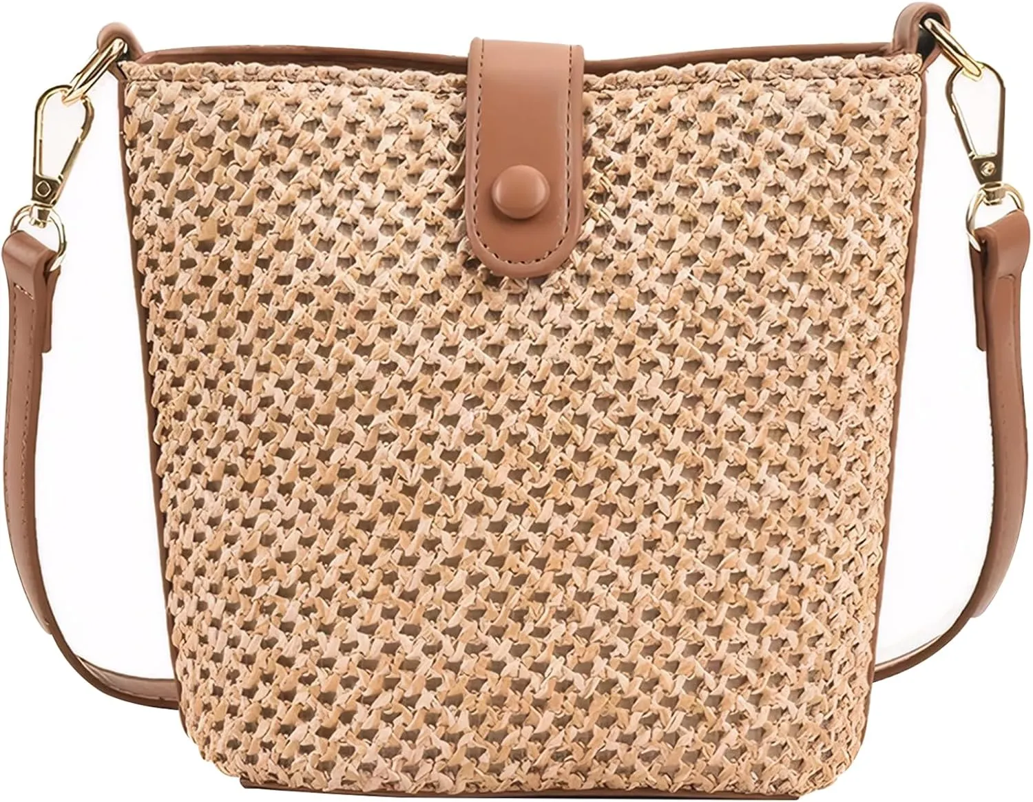 Straw Crossbody Bag, Straw Purses for Women 2024, Zippered Raffia Bag, Summer Straw Bucket Bag for Beach Holiday Travel, Brown