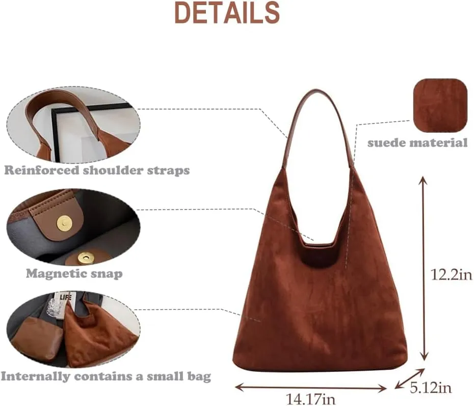 Suede Hobo Bag, Large Capacity Suede Shoulder Bag, Retro Suede Slouchy Bag, Womens Suede Tote Bag