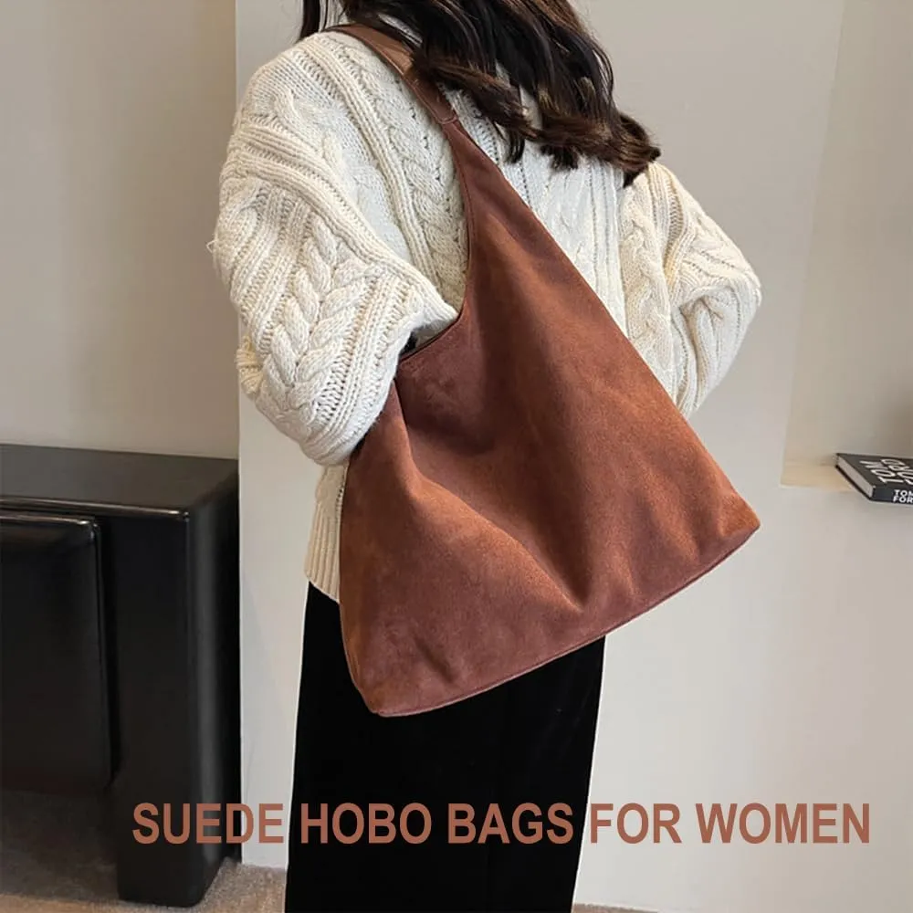 Suede Hobo Bag, Large Capacity Suede Shoulder Bag, Retro Suede Slouchy Bag, Womens Suede Tote Bag