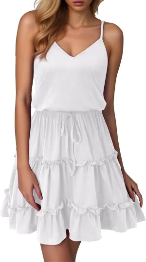 Summer Boho Mini Dress for Women Sleeveless Ruffle Spaghetti Strap Dress Elegant Classy Short Floral Cocktail Dresses