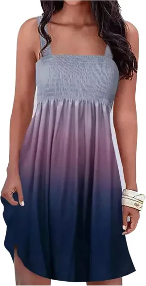 Summer Dress for Women Casual Beach Dress Floral Cover Ups Spaghetti Strap Sundress Smocked Strapless A-Line Mini Dress