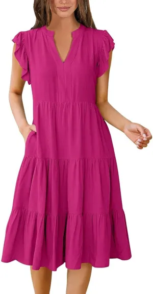 Summer Dresses for Women 2025 A-Line Ruffle Sleeve V-Neck Layered Midi Dress Flowy Casual Dresses