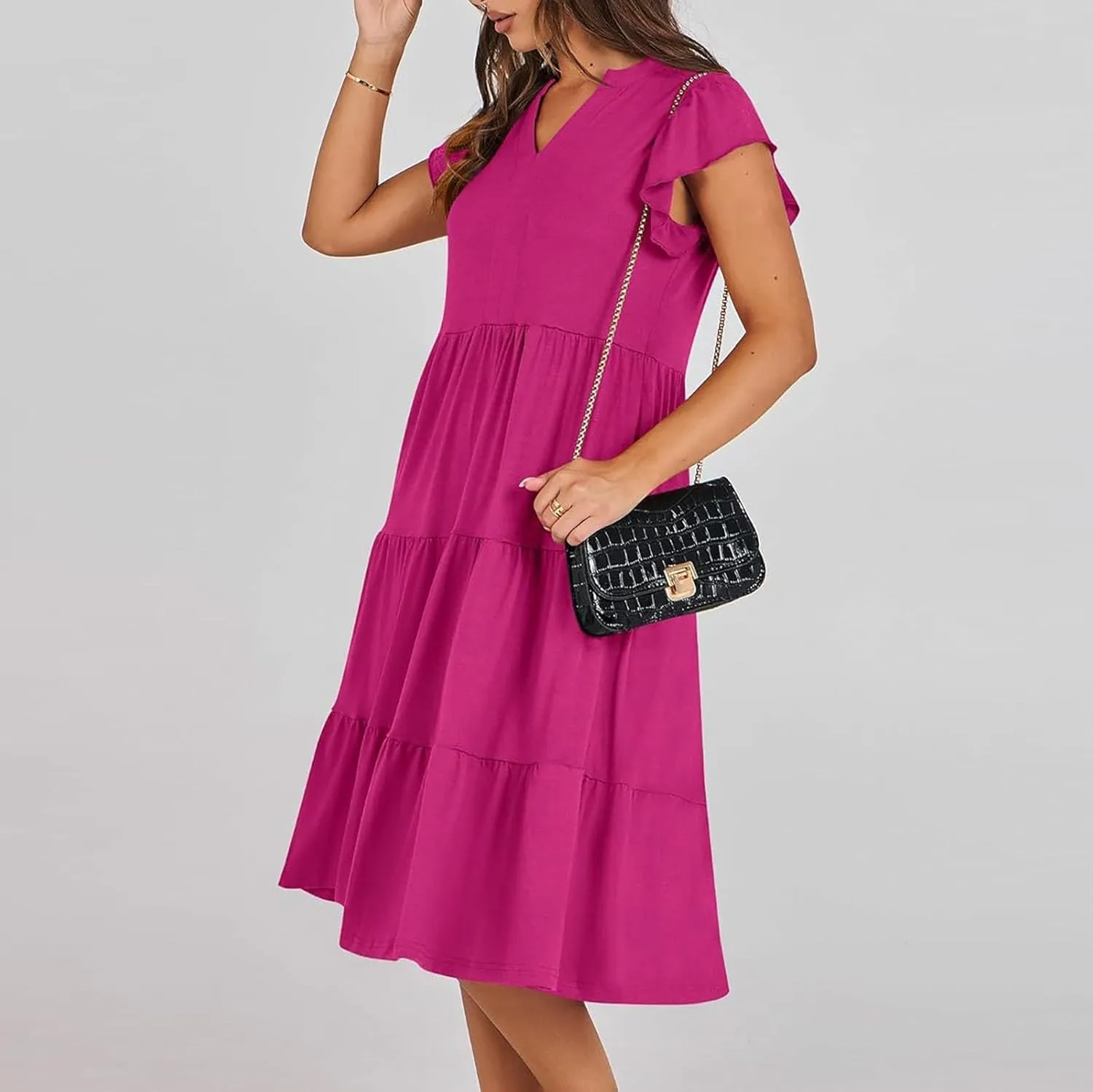 Summer Dresses for Women 2025 A-Line Ruffle Sleeve V-Neck Layered Midi Dress Flowy Casual Dresses