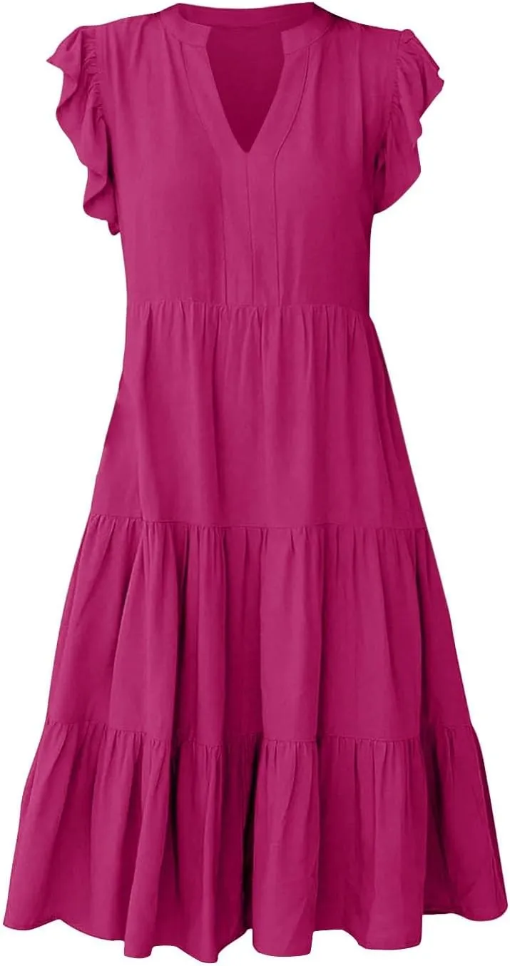 Summer Dresses for Women 2025 A-Line Ruffle Sleeve V-Neck Layered Midi Dress Flowy Casual Dresses