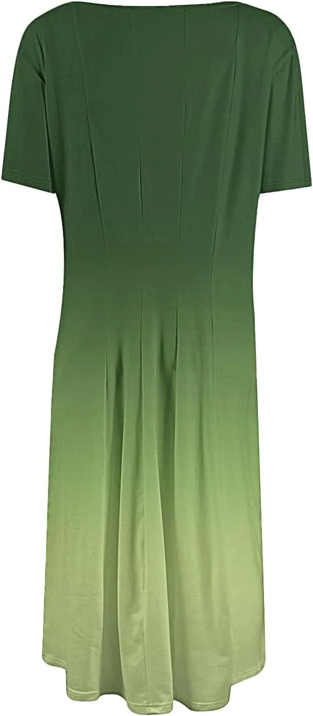 Summer Dresses for Women 2025 Boho Floral Midi Short Sleeve Crewneck Dresses Elegant Side Pocket Pleated Dress