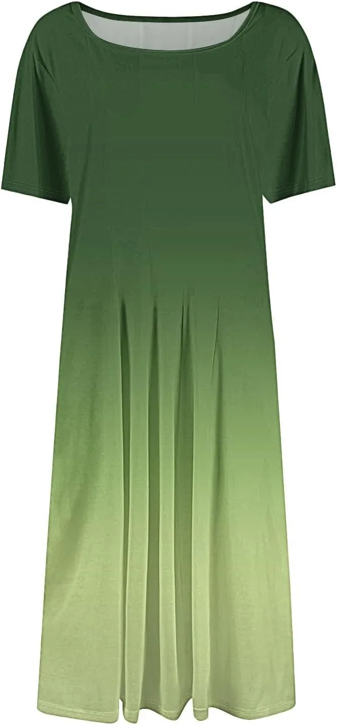 Summer Dresses for Women 2025 Boho Floral Midi Short Sleeve Crewneck Dresses Elegant Side Pocket Pleated Dress