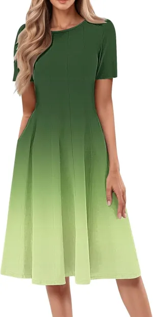 Summer Dresses for Women 2025 Boho Floral Midi Short Sleeve Crewneck Dresses Elegant Side Pocket Pleated Dress