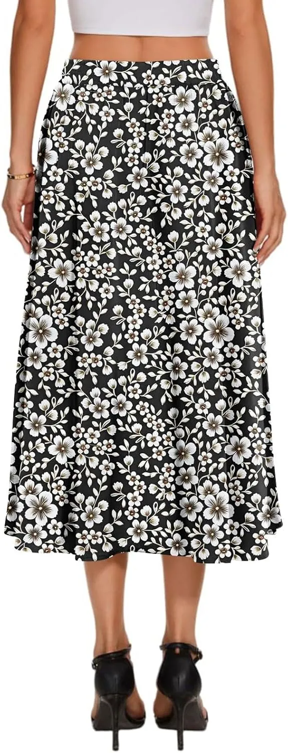 Summer Skirt for Women 2025 Elastic Waist Drawstring Floral Pattern A-Line Skirts with Pockets Elegant Skirt