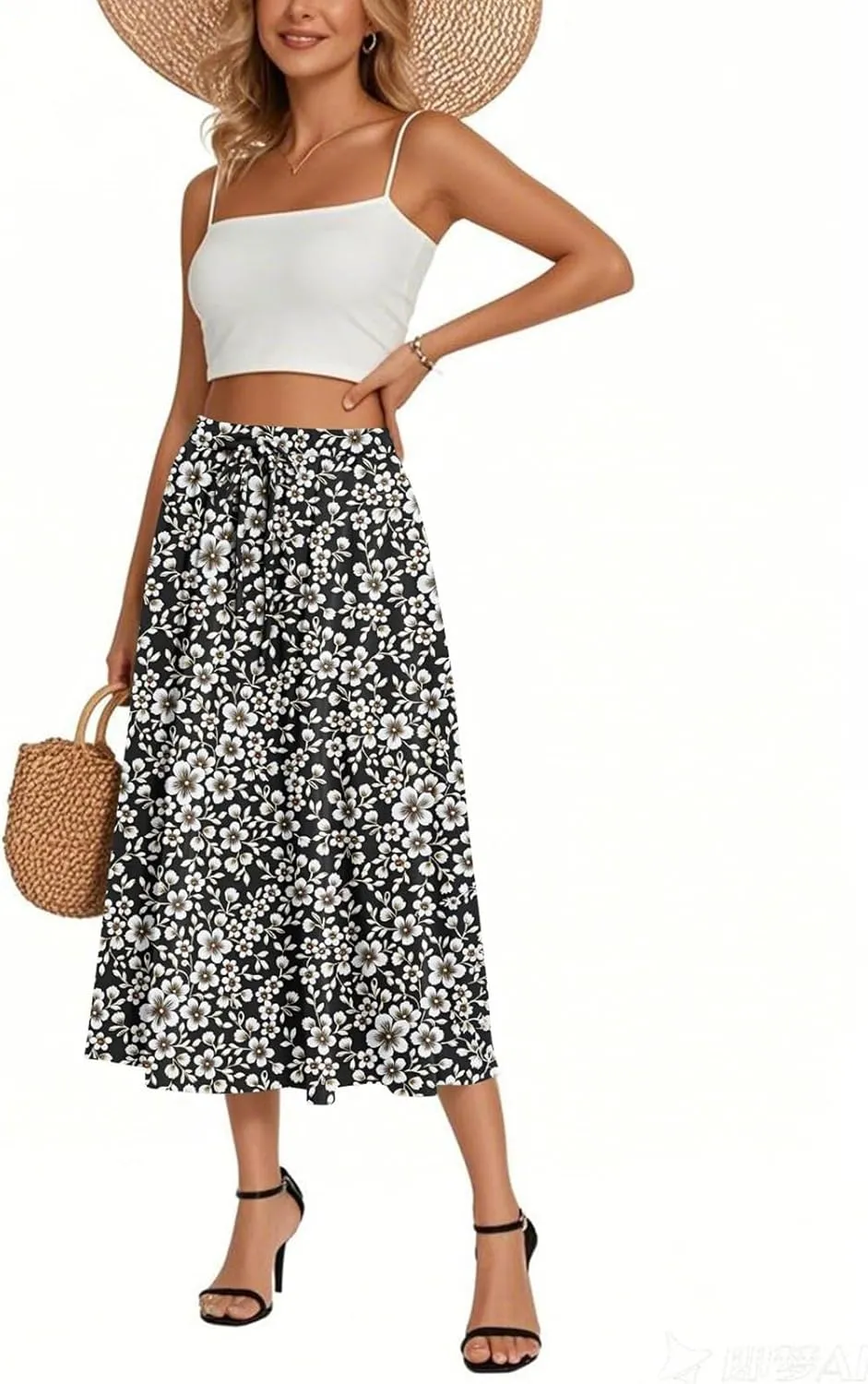 Summer Skirt for Women 2025 Elastic Waist Drawstring Floral Pattern A-Line Skirts with Pockets Elegant Skirt