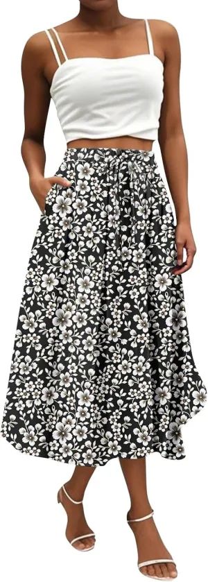 Summer Skirt for Women 2025 Elastic Waist Drawstring Floral Pattern A-Line Skirts with Pockets Elegant Skirt