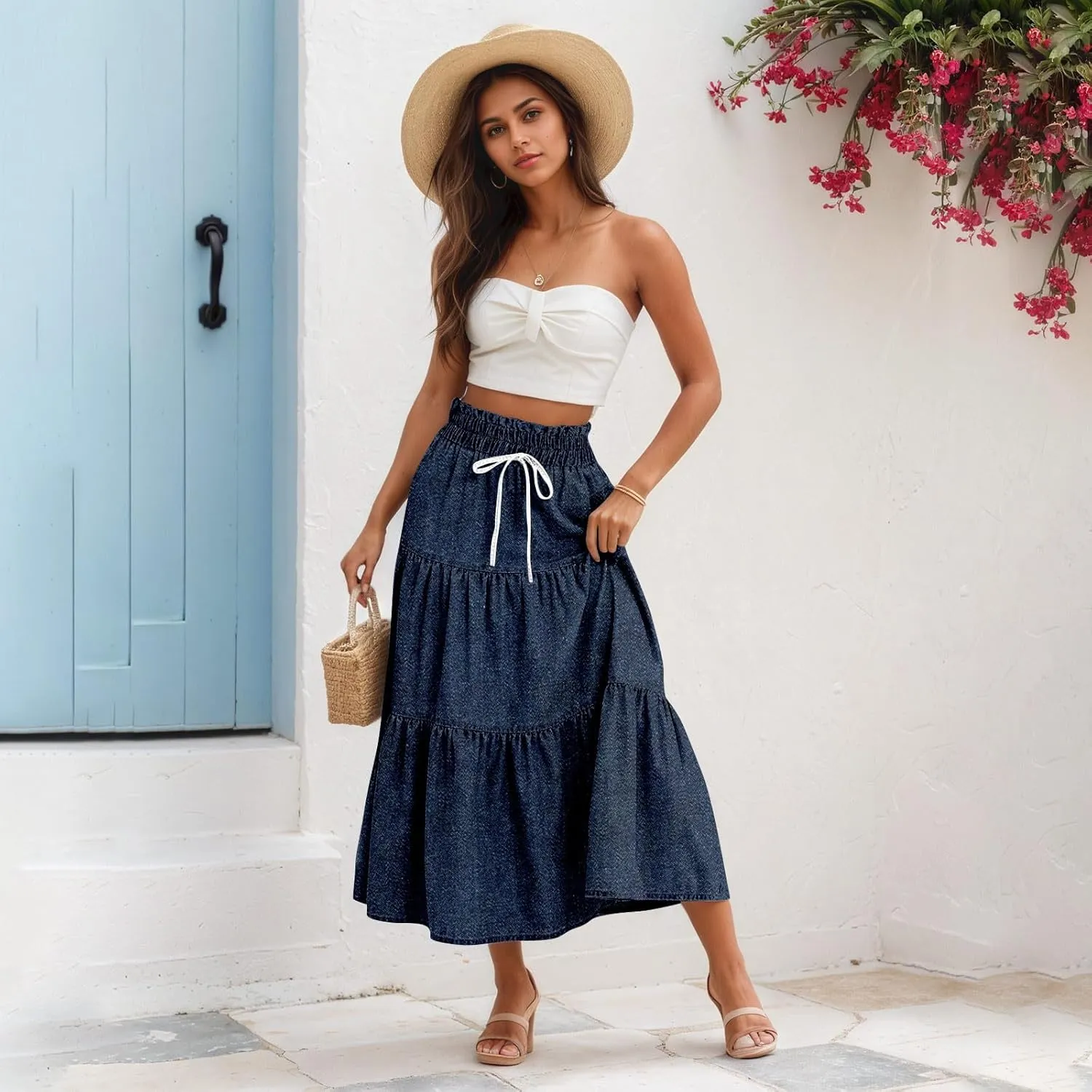 Summer Skirts for Women Midi Length Aline Ruffle Skirt Drawstring High Waisted Long Denim Skirts Casual Beach Outfits