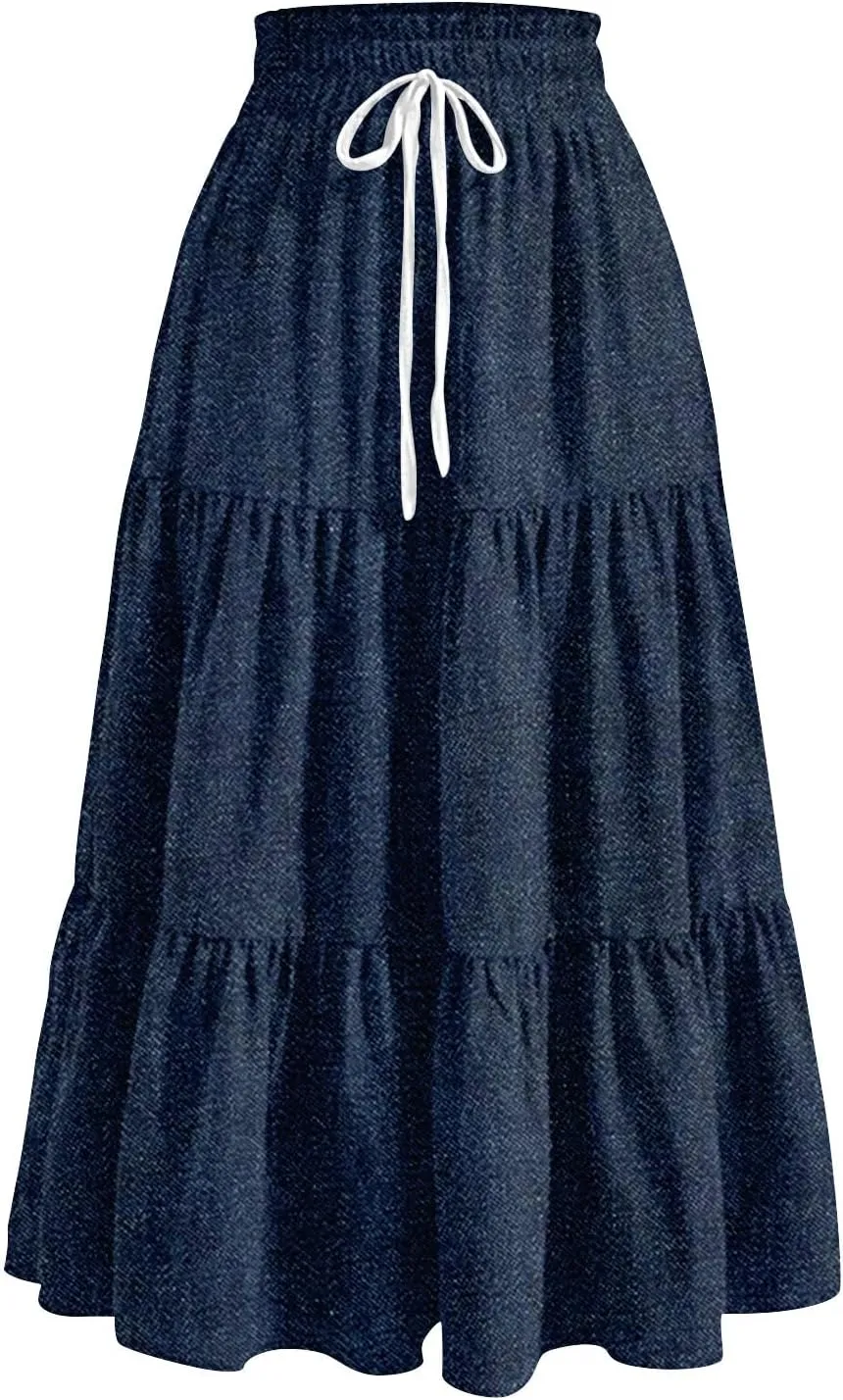 Summer Skirts for Women Midi Length Aline Ruffle Skirt Drawstring High Waisted Long Denim Skirts Casual Beach Outfits