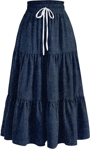 Summer Skirts for Women Midi Length Aline Ruffle Skirt Drawstring High Waisted Long Denim Skirts Casual Beach Outfits