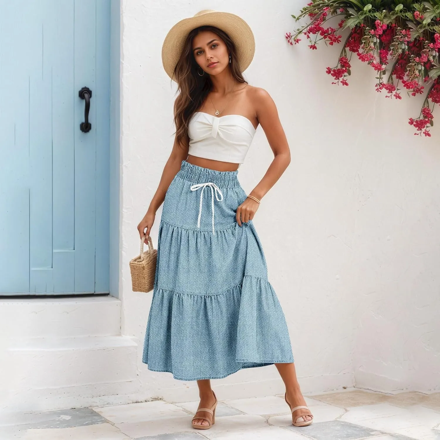 Summer Skirts for Women Midi Length Aline Ruffle Skirt Drawstring High Waisted Long Denim Skirts Casual Beach Outfits
