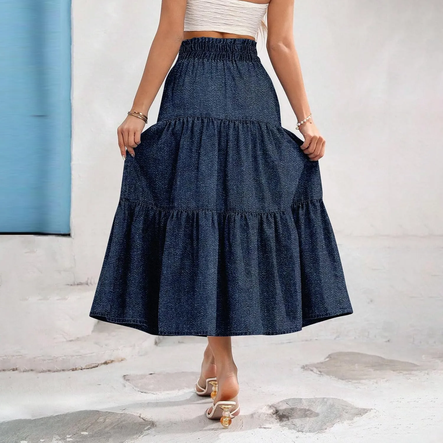 Summer Skirts for Women Midi Length Aline Ruffle Skirt Drawstring High Waisted Long Denim Skirts Casual Beach Outfits