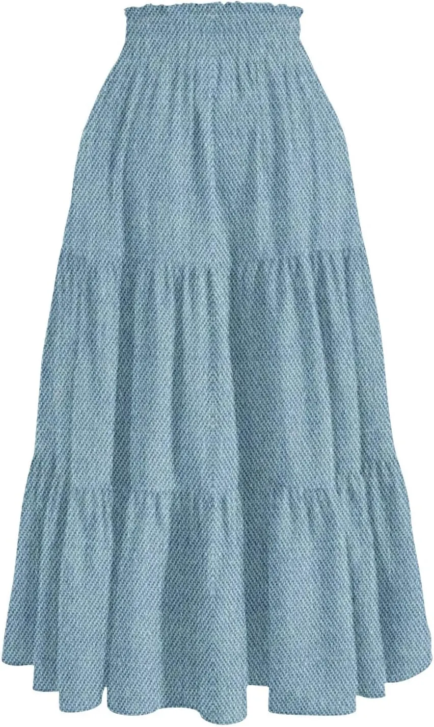 Summer Skirts for Women Midi Length Aline Ruffle Skirt Drawstring High Waisted Long Denim Skirts Casual Beach Outfits