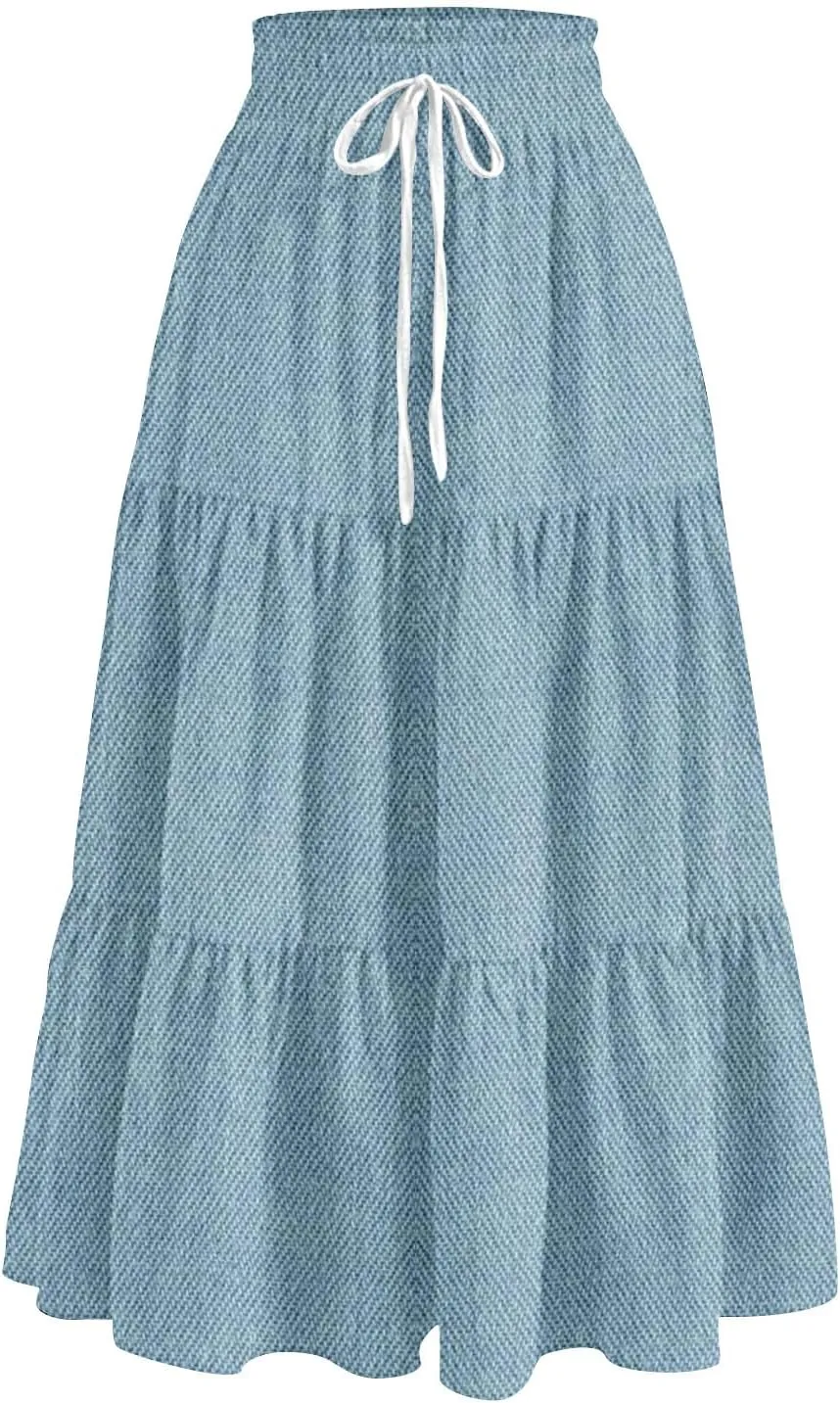 Summer Skirts for Women Midi Length Aline Ruffle Skirt Drawstring High Waisted Long Denim Skirts Casual Beach Outfits