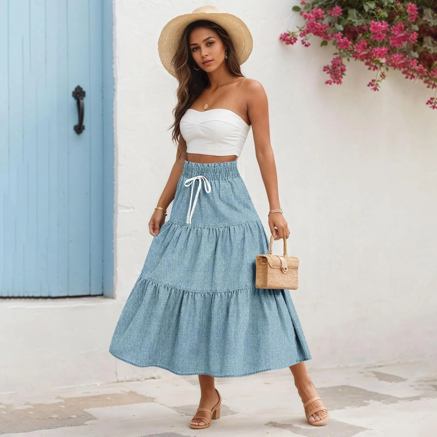 Summer Skirts for Women Midi Length Aline Ruffle Skirt Drawstring High Waisted Long Denim Skirts Casual Beach Outfits